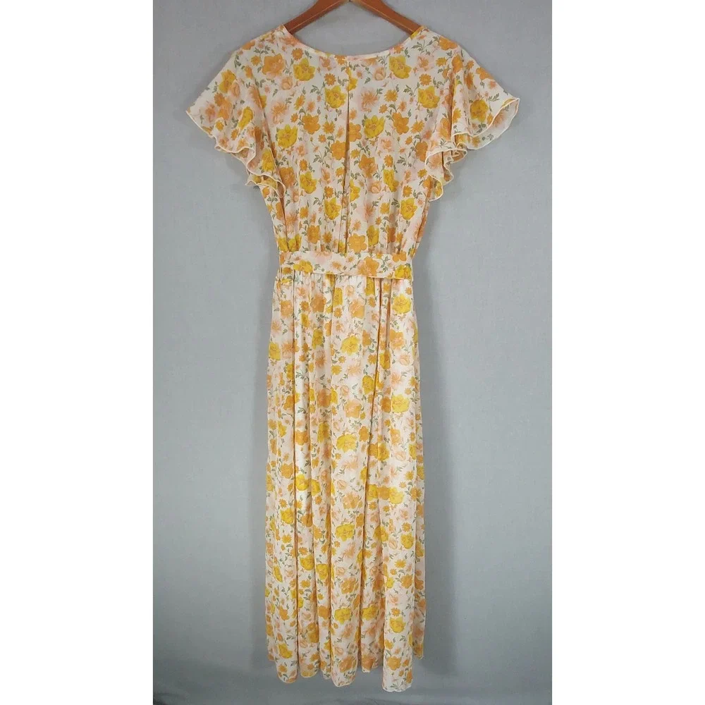 Womens 2X Floral Midi Dress Cottagecore Prairie Romantic Faux Wrap Tie Belt - Picture 4 of 11
